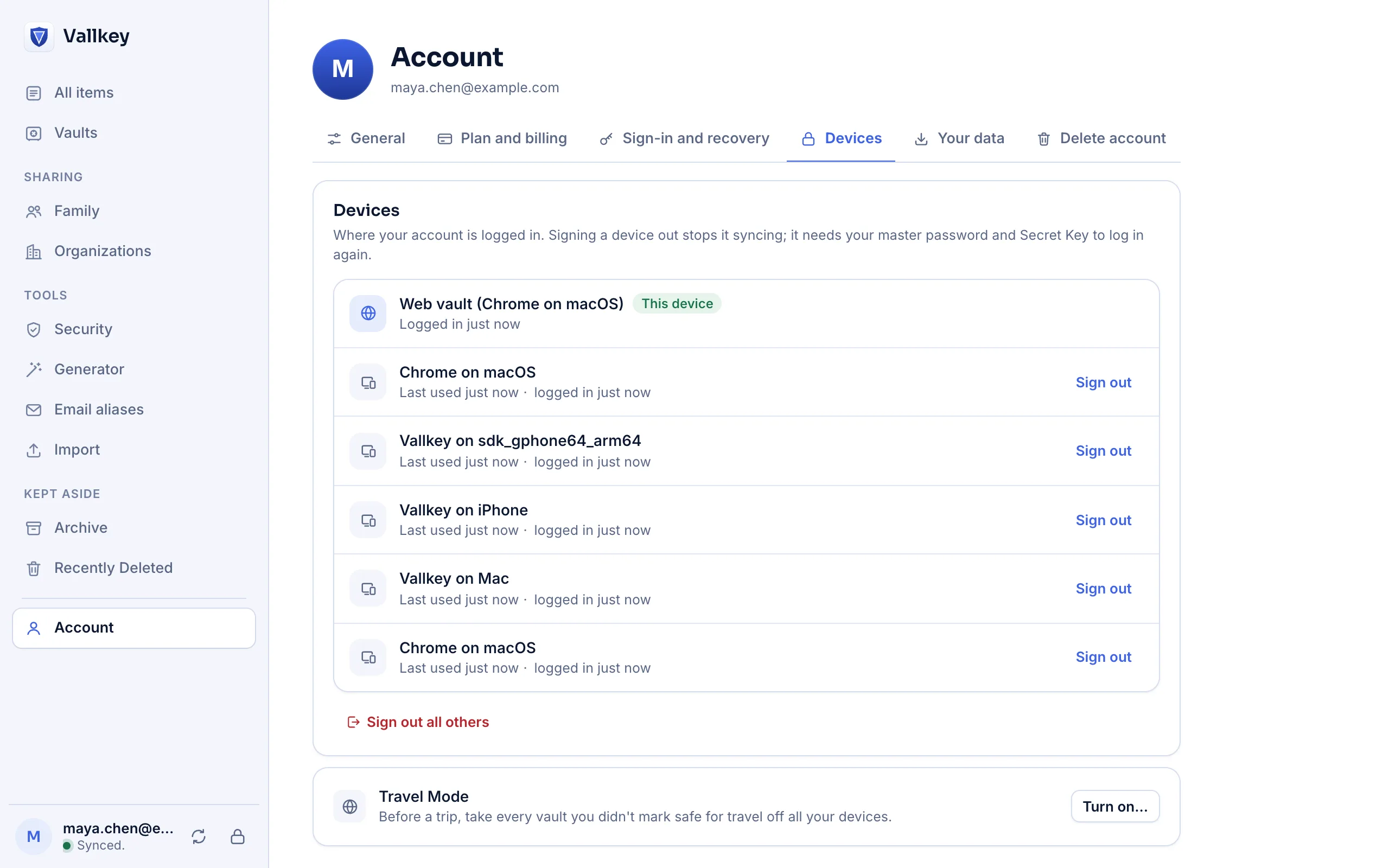 An account's devices, each logged in and kept in sync, with Travel Mode below them.