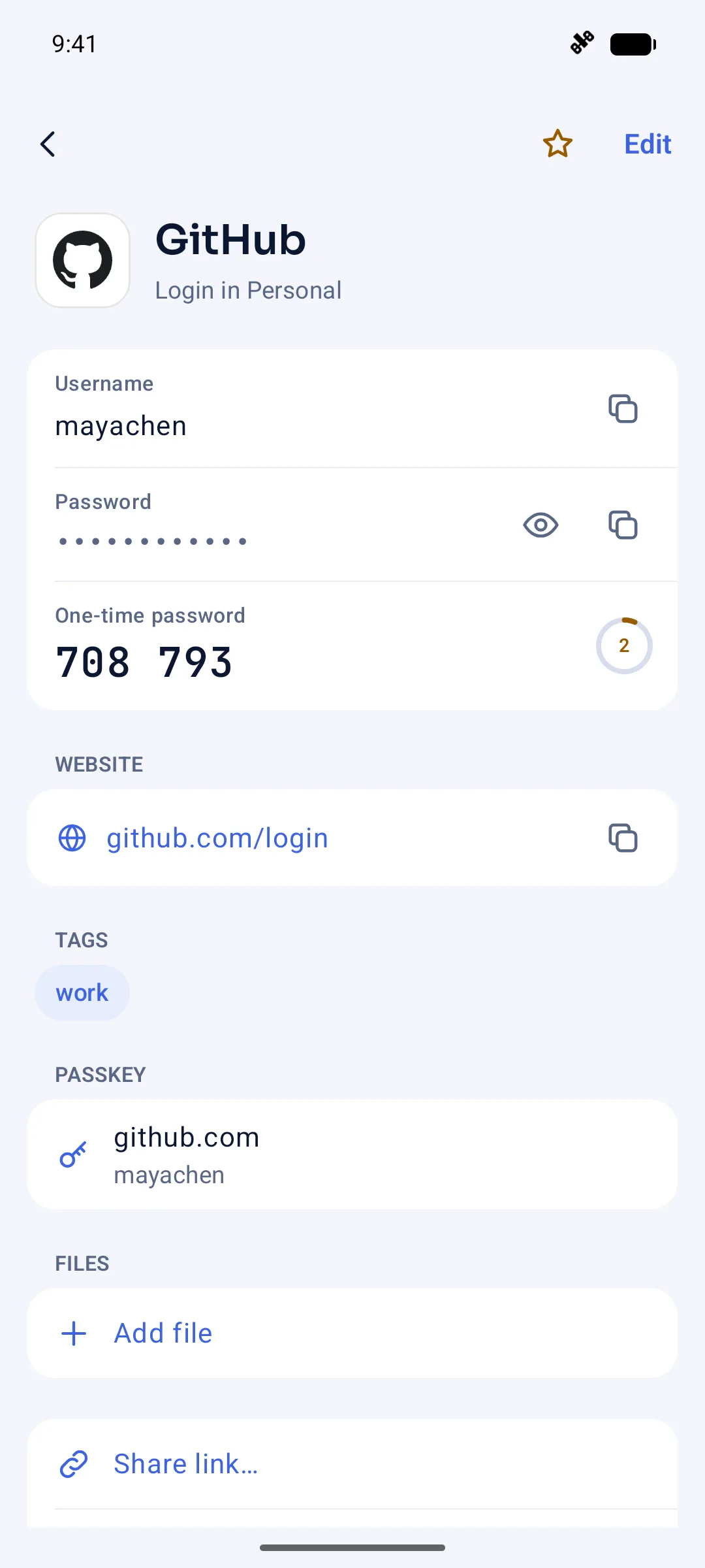 Vautir on Android, with a GitHub login open: its username, password and one-time code.