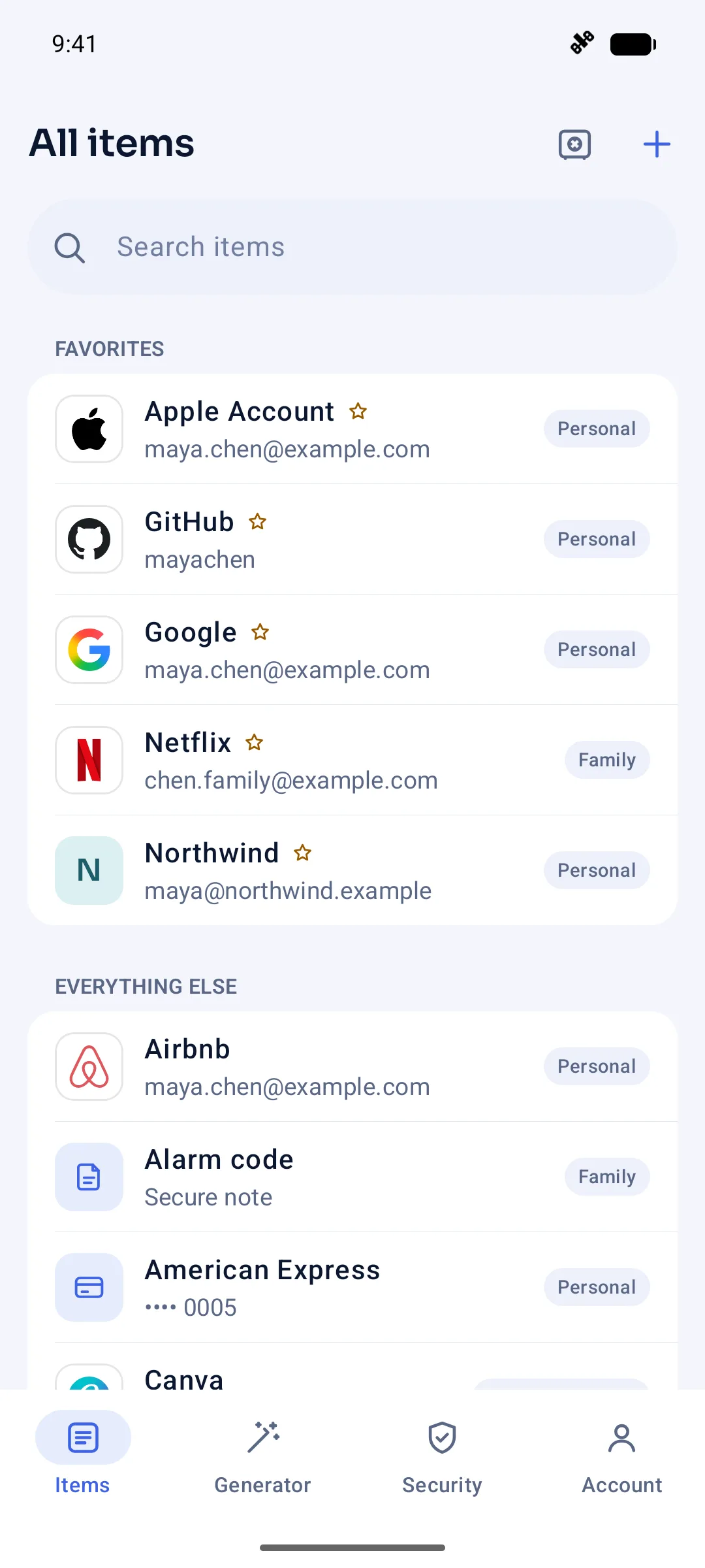 Vautir on Android: the list of logins, each with its website's logo.