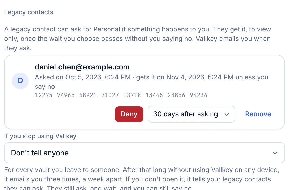 Vautir's sharing page for a Personal vault: Daniel, a legacy contact, has asked for it, and gets it 30 days after asking unless it's denied.