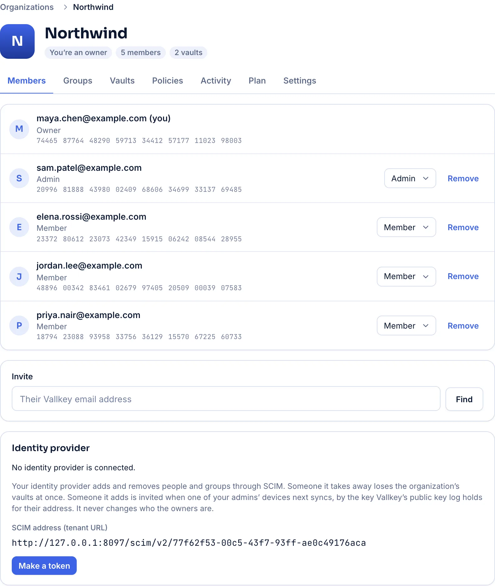 Northwind's members in the Vautir admin console: an owner, an admin and three members, each with their key's fingerprint.