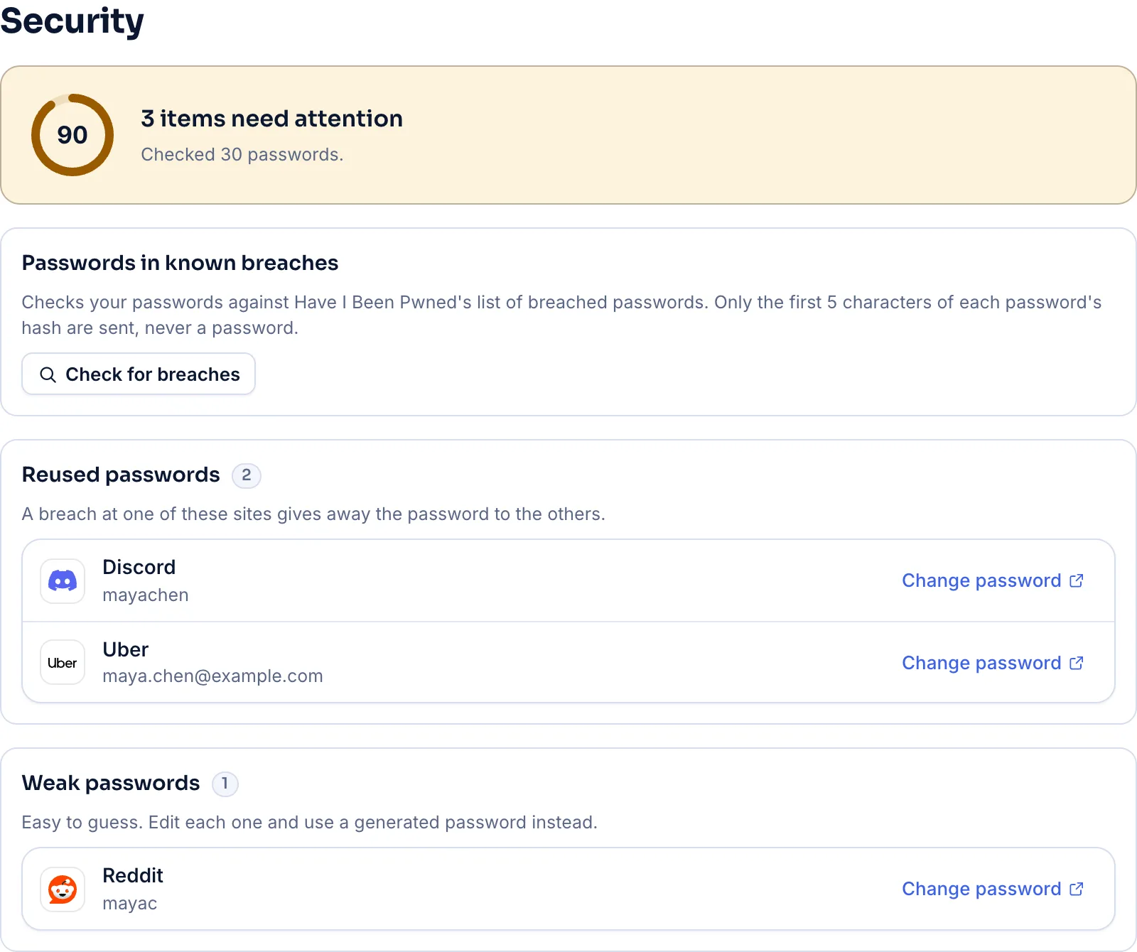 Vautir's Security page: two reused passwords and a weak one, each with a link to change it.
