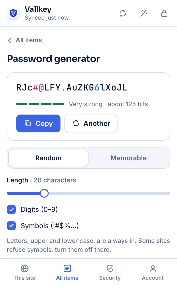 The password generator in Vautir's browser extension: a 20-character password rated very strong, with options for digits and symbols.