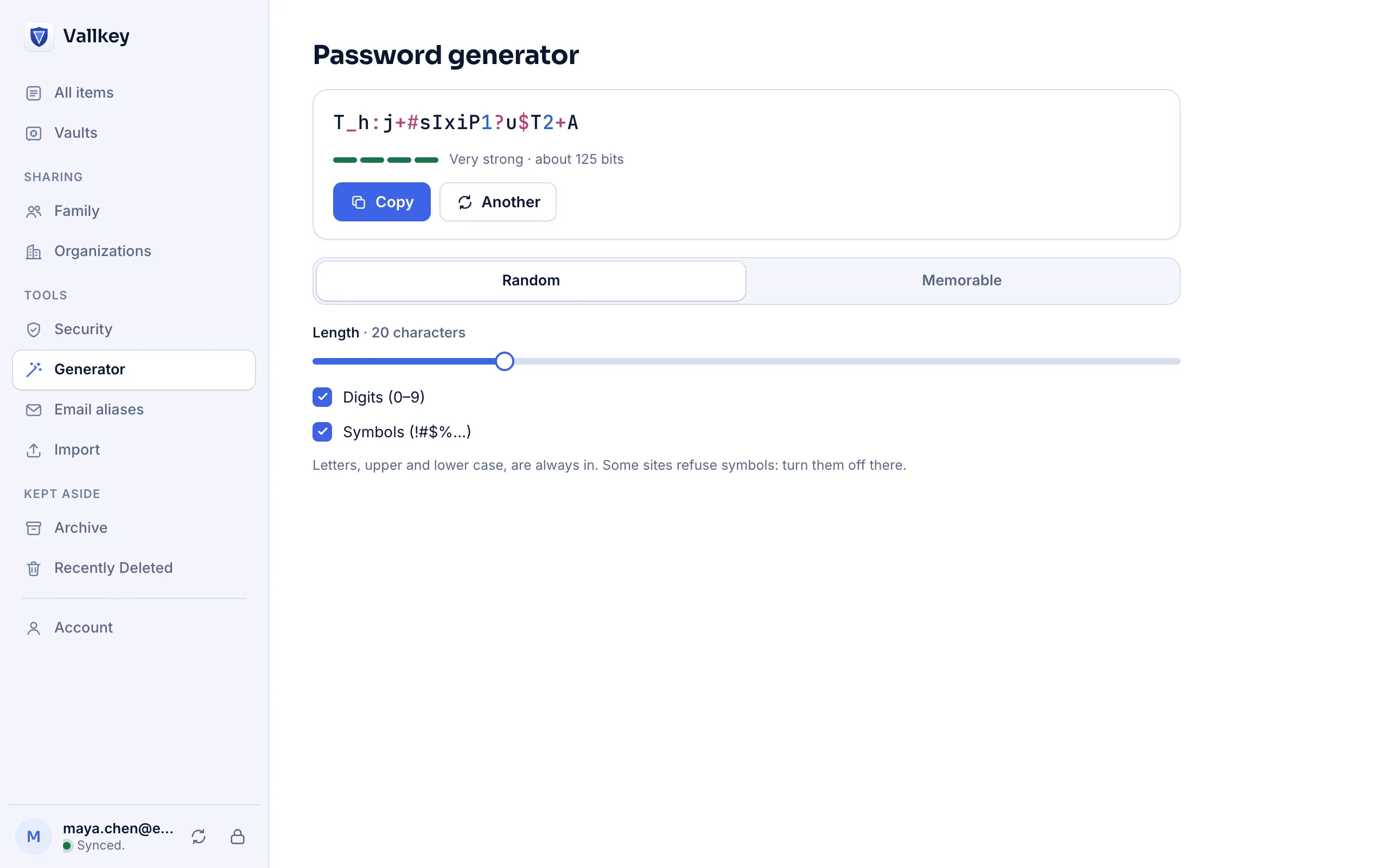 Vautir's password generator, with a 20-character password rated very strong.