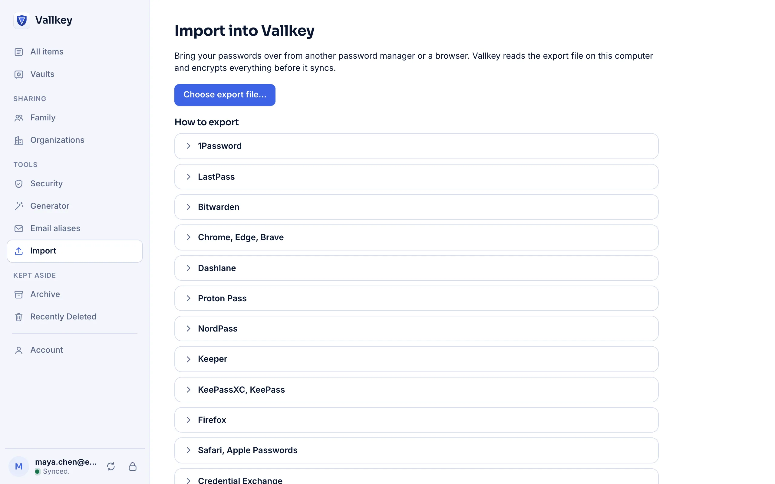 Importing into Vautir, with steps for each password manager and browser it imports from.