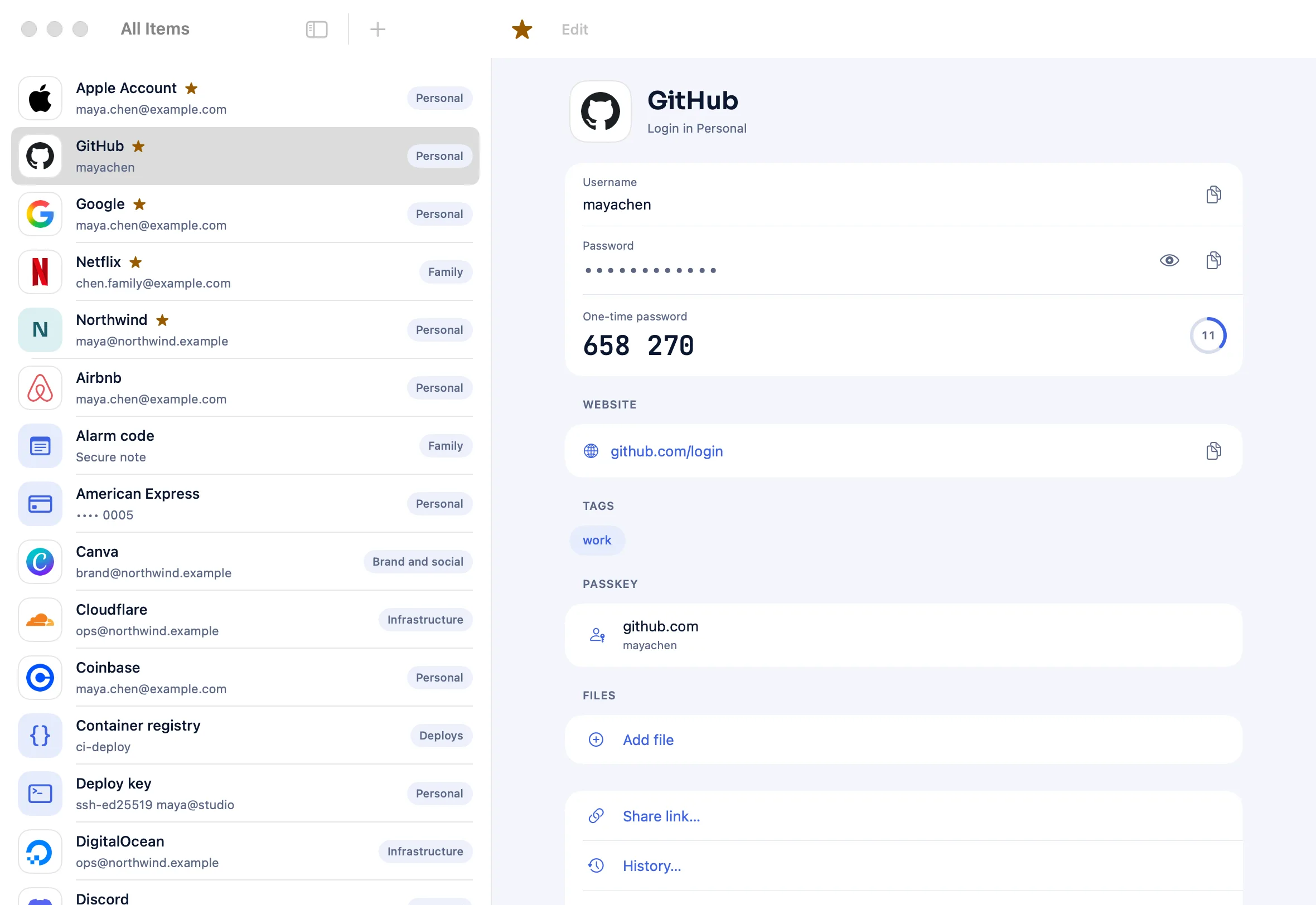 Vautir for Mac: the item list beside a GitHub login, with its one-time code and passkey.