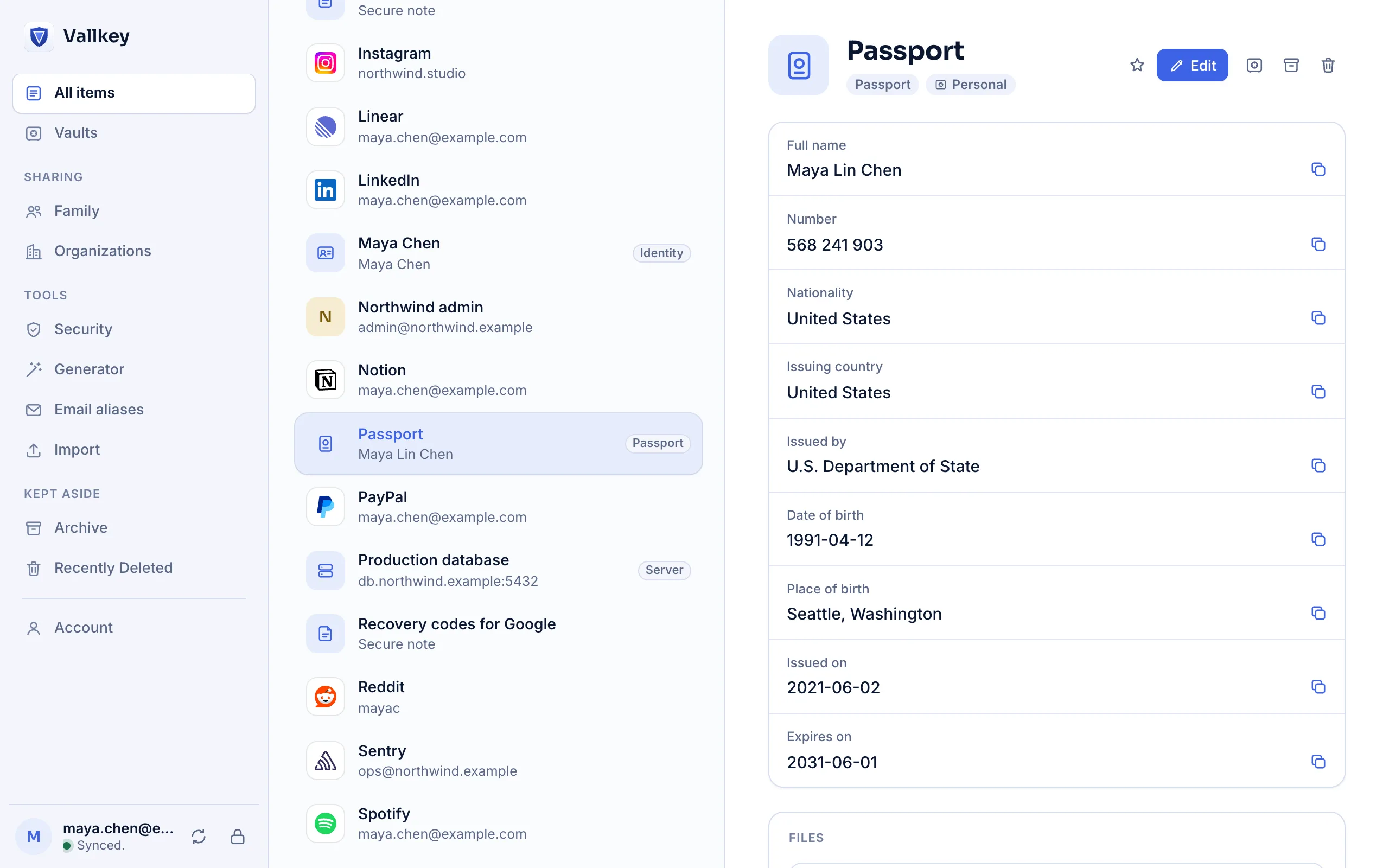 A passport saved in Vautir, with its scan kept as a file beside it.
