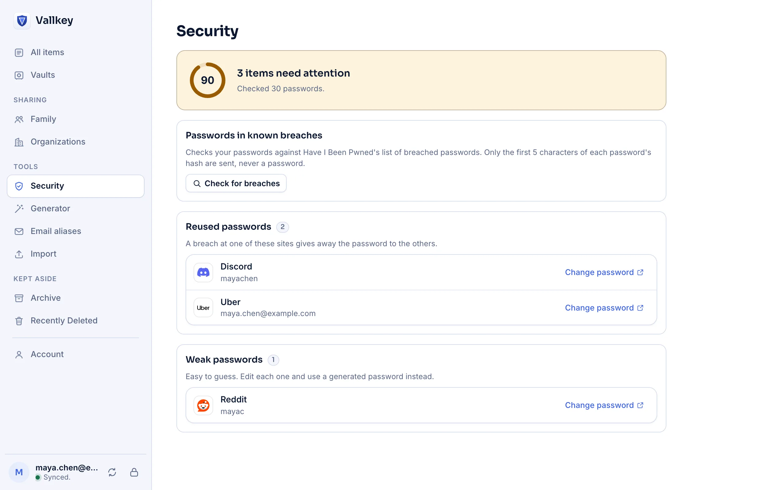 Vautir for Linux, on its Security page: two reused passwords and a weak one.